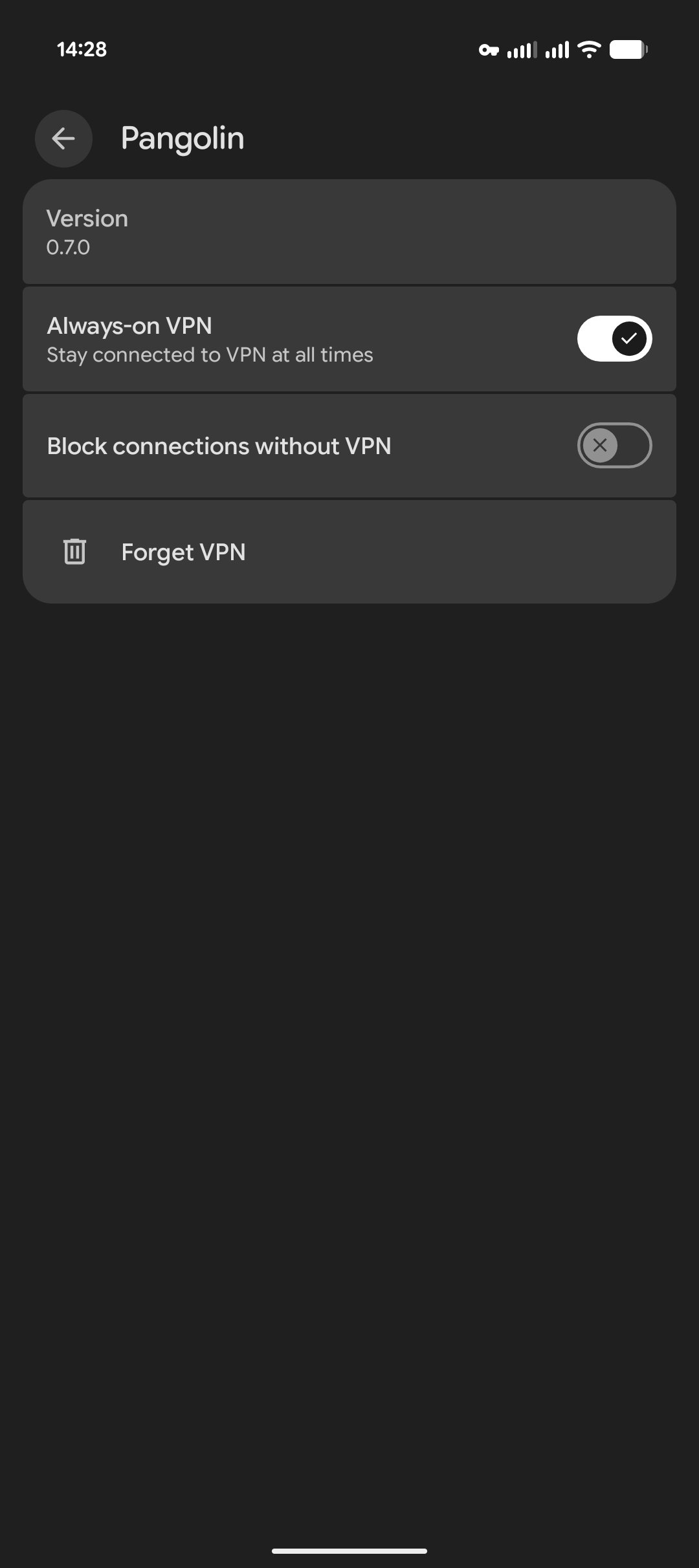Always-on VPN turned on for Pangolin in Android settings