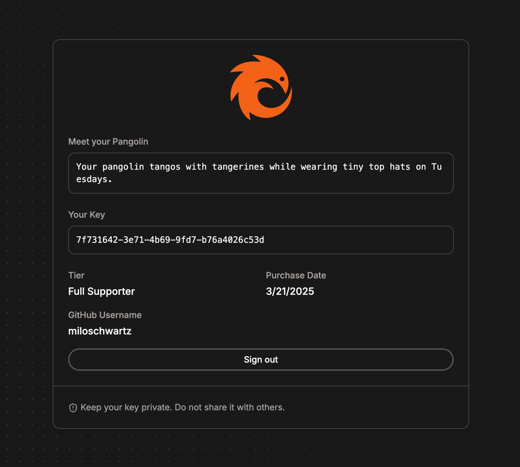 Pangolin supporter key redemption interface